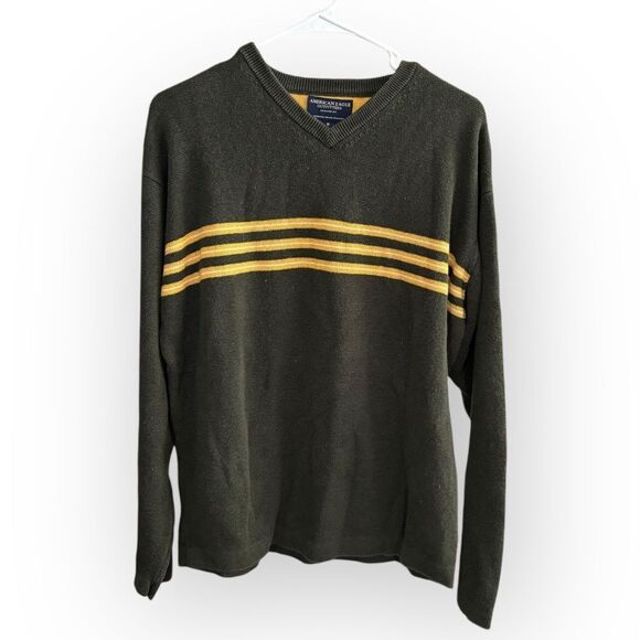 American Eagle Outfitters Green V-Neck Sweater with Yellow Stripes - Picture 1 of 7